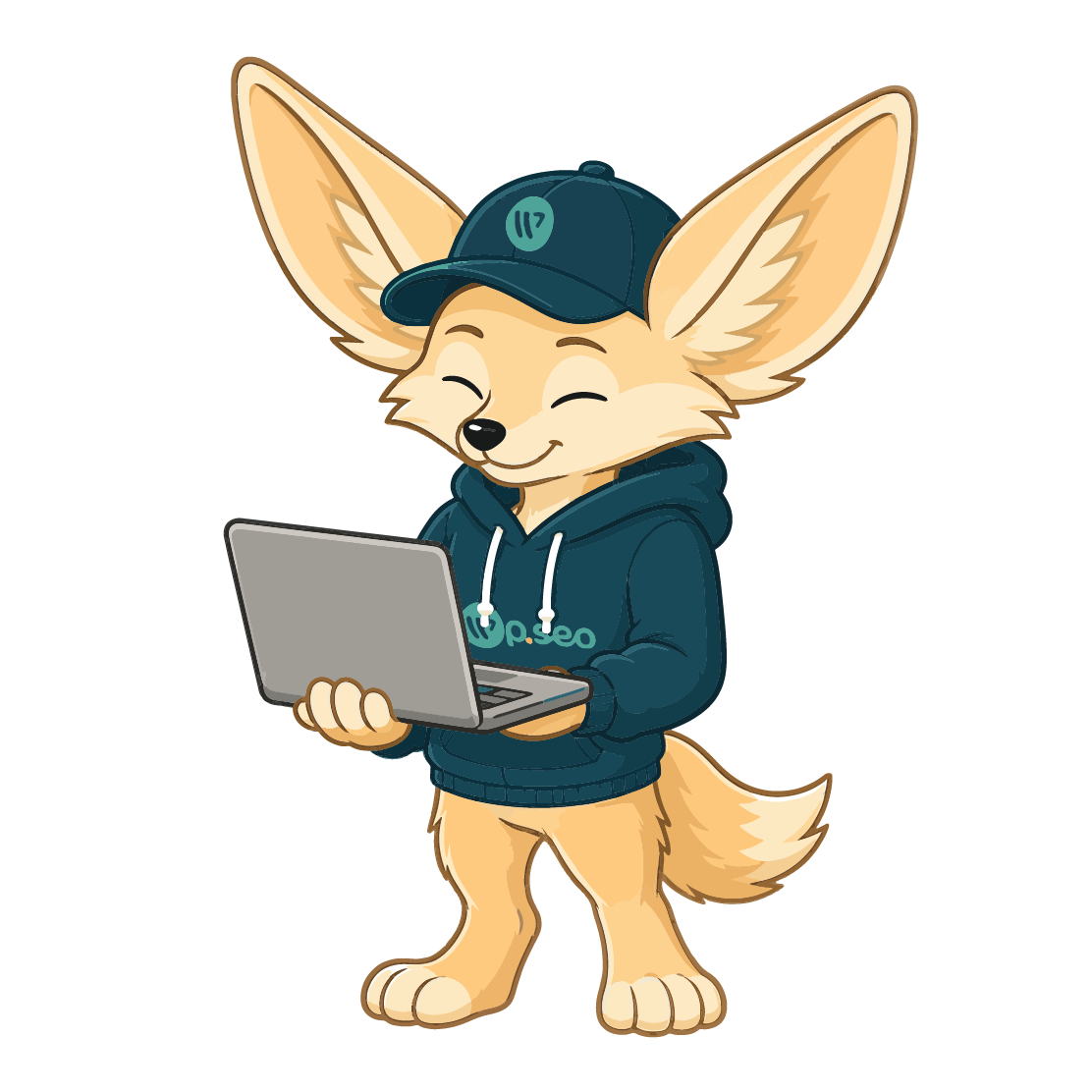Mascotte fennec WP SEO travaillant sur ordinateur, guide marketing digital